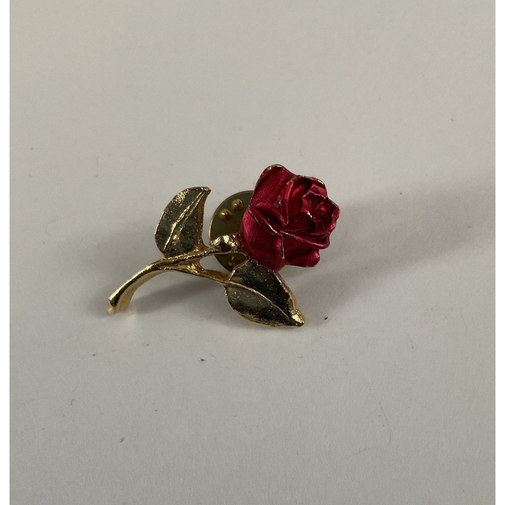 Vintage Long Stem Red Rose Brooch Gold Tone Lapel Pin Pinback